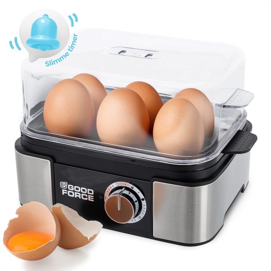 GoodForce Poule à oeufs automatique - avec minuterie - avec alarme - 6 oeufs - électrique - avec gobelet de mesure - avec pique-oeufs - acier inoxydable - lavable au lave-vaisselle