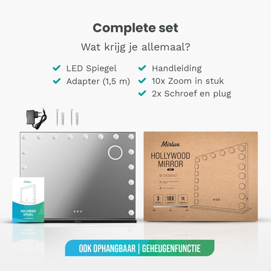 Mirlux Hollywood Mirror 80x60CM - 2 haut-parleurs Bluetooth - ports de charge USB et USB-C - éclairage LED - miroirs de maquillage - zoom 10x - suspendu - noir