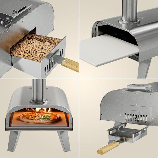 KitchenBrothers Four à Pizza - au feu de bois - de table - avec couvercle protecteur - pliable - pierre à pizza - jusqu'à 460°C - acier inoxydable - set complet - four à pizza d'extérieur - acier inoxydable