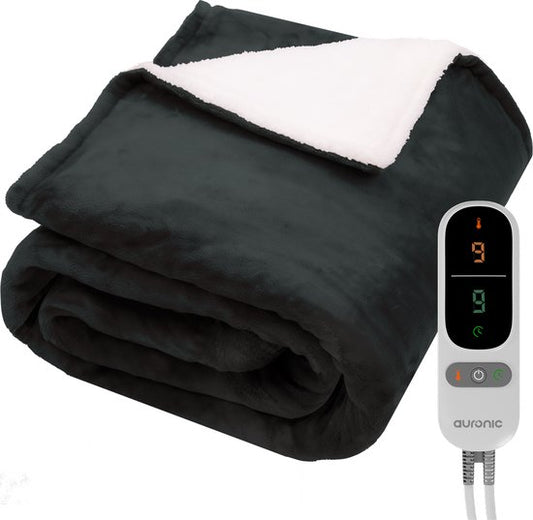 Couverture chauffante - Auronic - Couverture électrique - Polaire Sherpa - 9 niveaux de chaleur - minuterie - 200x180 - 2 personnes - Anthracite