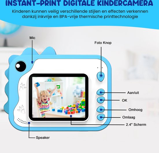 K&L® 3 IN 1 Digital Kids Camera + Instant print + play camera - 32GB micro sd card - camera kids - Vlog camera with games - Photo camera for kids - Small size toy - With video function - Blue