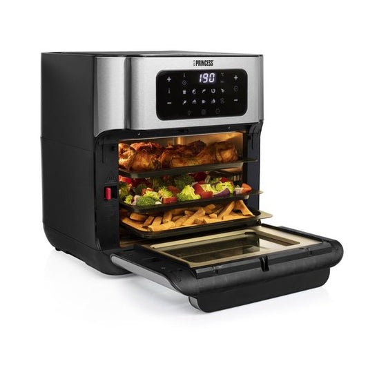 Princess Airfryer Oven 182065 - Friteuse à air chaud et four en un - Grande capacité de 10 litres - 3 plaques de cuisson - Panier à rôtissoire - acier inoxydable - Écran tactile