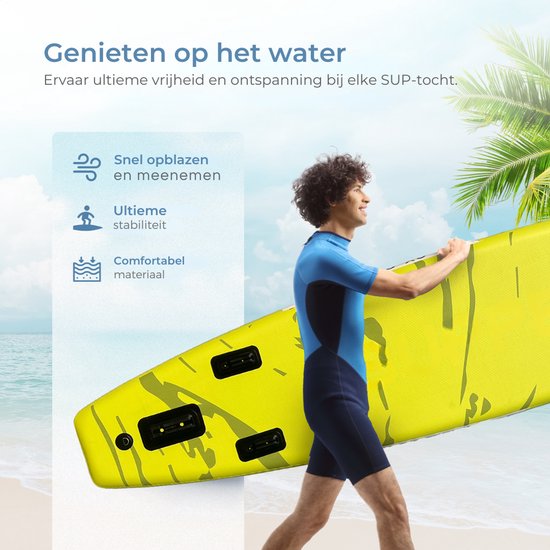 Supper Sup Board XL - Max. 220KG - Gonflable - Planche à pagaie - Pagaie réglable - Etui de téléphone étanche - Pompe - Palmes - Leash - Sac de transport - Touring 381 x 81 cm - Vert lime
