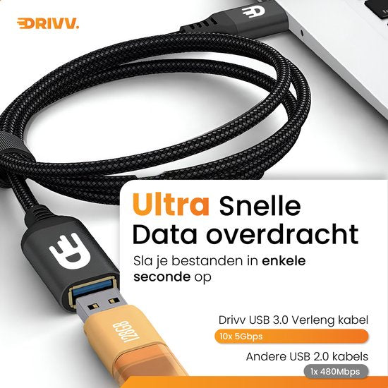 Drivv. Premium USB Extension Cable 3.0 - Male to Female - USB Data Cable - Fast Transfer - 5Gbps - Nylon - 1 Mètre - Noir