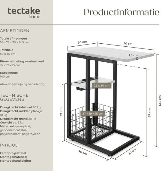 tectake® Table pour ordinateur portable avec station de charge - Prise de courant incluse - Table pour ordinateur en forme de C - Table d'appoint - Table de chevet - Avec porte-journaux et étagère supplémentaire - Blanc