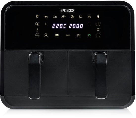 Princess Double Basket Airfryer 182068 - Double Airfryer - 8 litres - 2 paniers - XXL - 8 programmes - 2400W - Double friteuse à air chaud - Ecran tactile - Noir - 80°C à 220°C - Fonction Sync