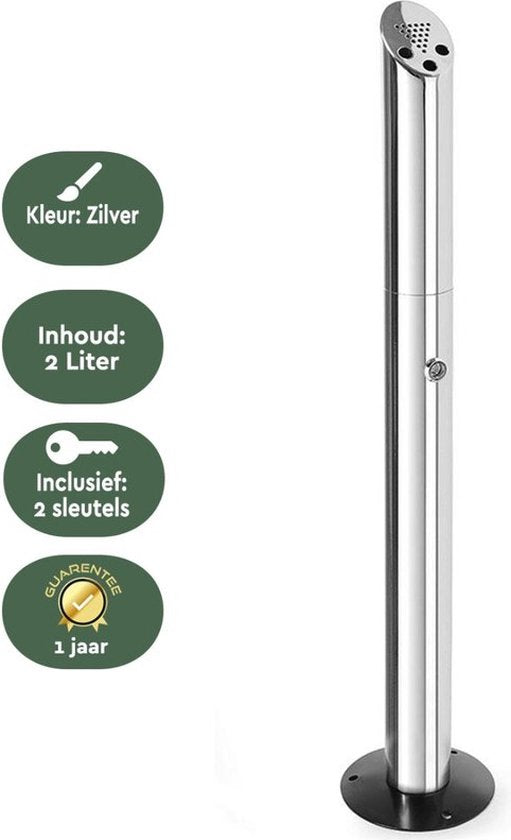 BRASQ Cendrier vertical en acier inoxydable d'une capacité de 2 litres Poteau pour fumeurs Colonne pour fumeurs - 21x21x92 cm - Cendrier vertical pour l'intérieur et l'extérieur