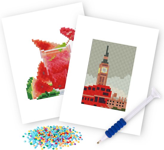 Rubye® Mini peintures de diamants - 2 pièces - Set - Adultes - Peinture de diamants pour enfants - Big Ben & Watermelon Cocktail- 15x20cm