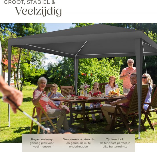 tectake® Pavillon Barinas - Tente de réception 3x3 m - Bâche imperméable avec 3 panneaux latéraux amovibles - Pavillon de jardin résistant aux intempéries - Lignes de tension et piquets inclus - Gris