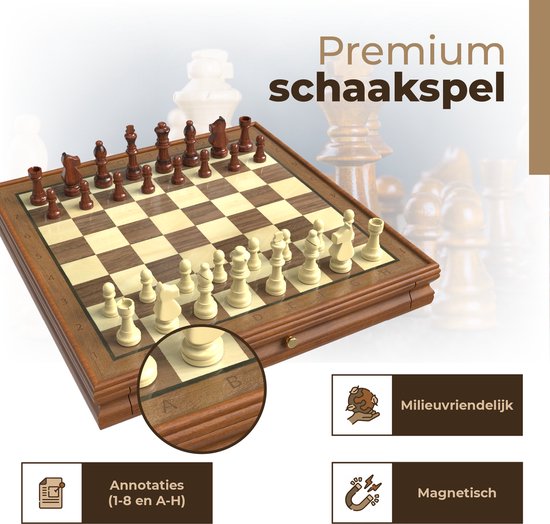 Windsor Luxury Chess Board - avec pièces - 35 cm - Annotations - Jeu d'échecs - Jeu d'échecs magnétique - Jeu d'échecs - Bois