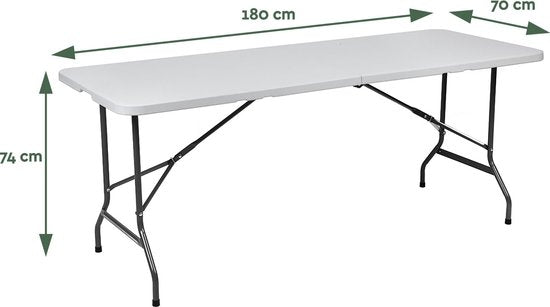 BRASQ Table pliante pliable blanche - 180x70x74cm- Table de camping - Table pliante - Résistante aux intempéries - Table avec poignée de transport