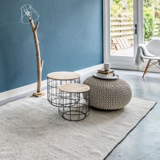 LIFA LIVING Table d'appoint moderne - Lot de 2 - Noir - Métal et bois - Rond - Plateau amovible - Panier de rangement - Stable