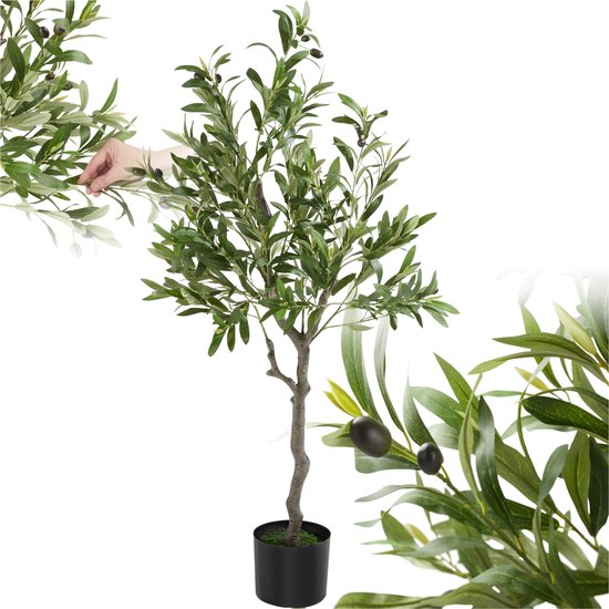 tectake® Olivier artificiel Oleand - Plante artificielle méditerranéenne avec feuilles et olives réalistes - Facile d'entretien et polyvalent - Pot de fleurs robuste inclus - Hauteur : 120 cm