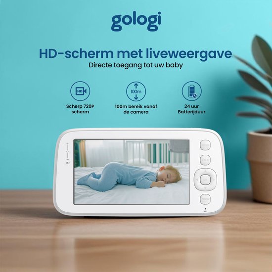 Gologi Baby Monitor avec caméra - Baby Monitor - Baby Camera - Télécommandé via l'application et l'écran - Blanc