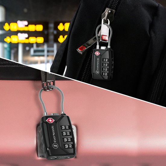 EverNeeds Serrure de valise - Serrure TSA - Cadenas à 4 chiffres - Serrure à chiffres - Noir - 2 pièces