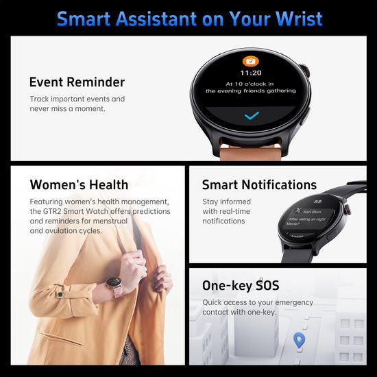 Maoo GTR Series 2 Smartwatch Homme - Acier inoxydable et bracelet TPU - Podomètre - Moniteur de fréquence cardiaque - Moniteur de sommeil - Multisport - Convient à Android et iOS - Noir