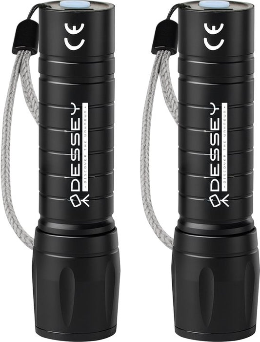 ODESSEY Lampe de poche LED rechargeable - 2-Pack - COB Lighting - avec dragonne - Lampe de poche militaire - Lampes de poche - Enfant - Noir
