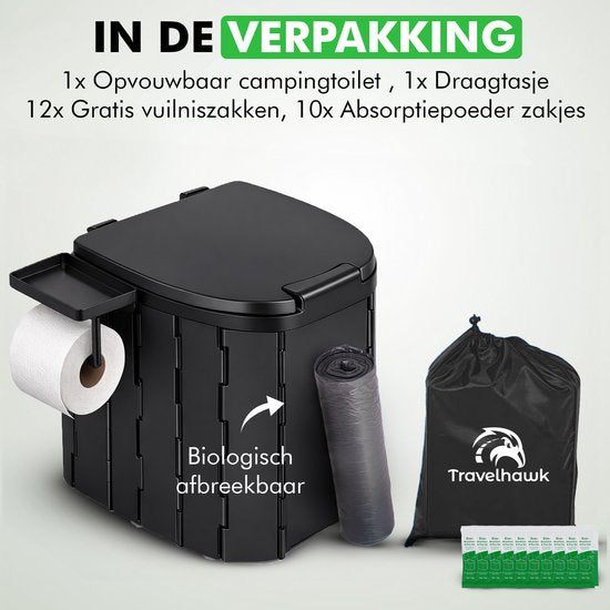 Toilette de camping Travelhawk - Seau de toilette - Portable et pliable - Comprend 12 sacs biodégradables et 10 sacs d'absorption - Idéal pour le camping, les festivals et les activités de plein air.