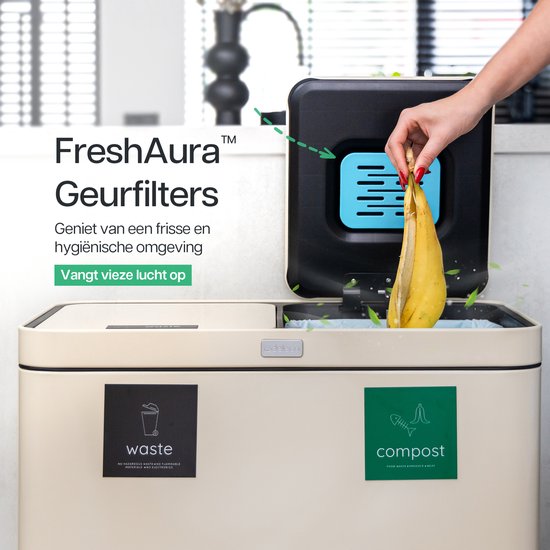 Deleca Recycle Bin with 2 Compartments - 60 Litres (2x30) Waste Bin - Waste Separation / Deposit Container / Pedal Bin - Garbage Bin with FreshAura Odour Control - Slow Close - Stainless Steel Cream White