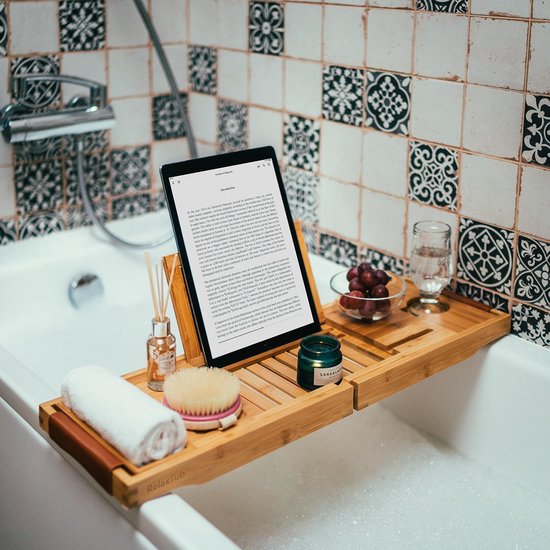 RelaxTub® Bathboard - Planche de bain pour la salle de bain - Support de bain - Ajustable - Antidérapant - Planche de bain en bambou - Planche de bain en bois - Support de bain comprenant un porte-livre, un porte-tablette et un miroir