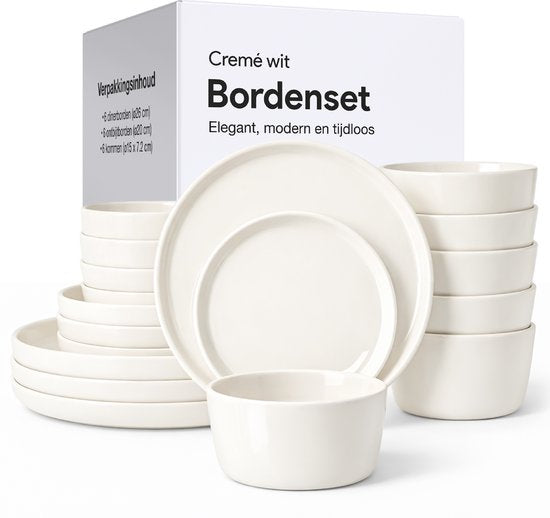 Service de vaisselle Luft 6 personnes - Service d'assiettes de restaurant - Bols - Assiettes plates - Moderne - Faïence massive, céramique - Crème/beige/blanc - 18 pièces