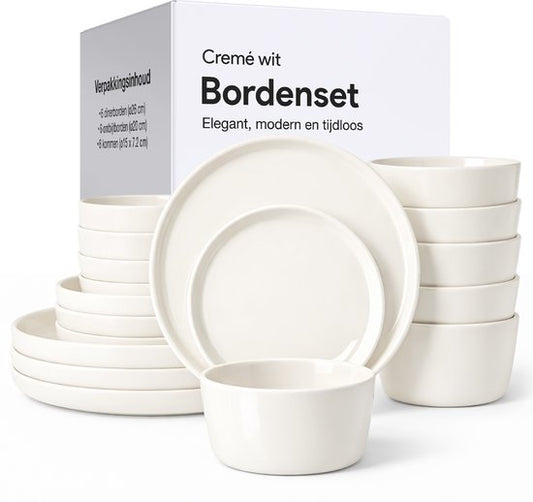 Service de vaisselle Luft 6 personnes - Service d'assiettes de restaurant - Bols - Assiettes plates - Moderne - Faïence massive, céramique - Crème/beige/blanc - 18 pièces