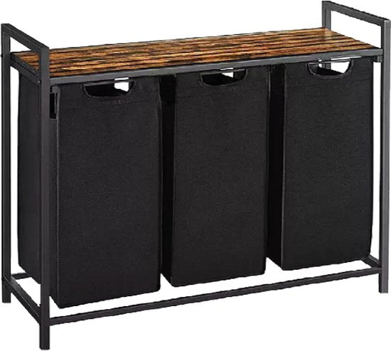 BRASQ Panier à linge 3 compartiments - Trieur de linge 114 litres - Extensible avec étagère 92,5x33x71 cm - Boite à linge Métal noir - Bois brun - Panier