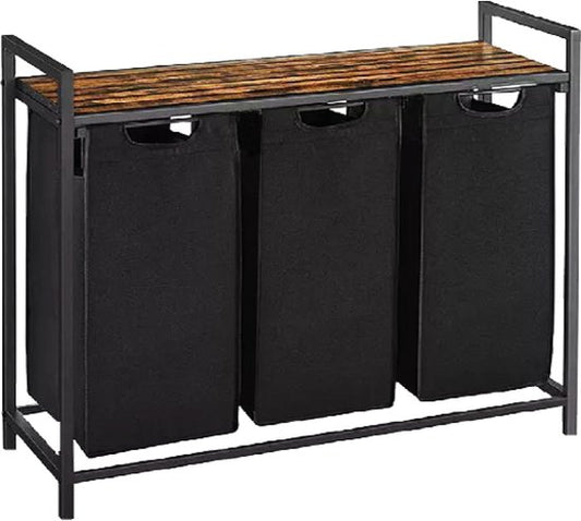 BRASQ Panier à linge 3 compartiments - Trieur de linge 114 litres - Extensible avec étagère 92,5x33x71 cm - Boite à linge Métal noir - Bois brun - Panier