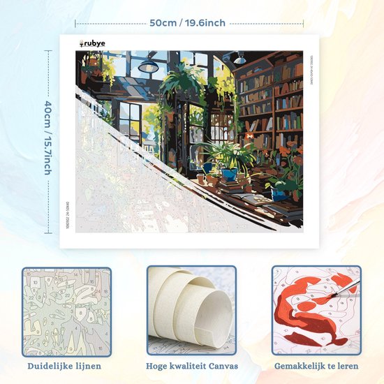 Rubye® Painting By Number Adults - Bibliothèque - Pinceaux inclus - Toile Peinture sur toile - Colour by Number - 50x40cm