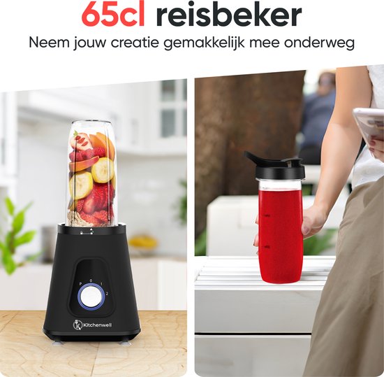 Blender - Kitchenwell - Puissant mixeur à smoothie de 1300 watts - 1,5 litre - gobelet en verre - Gobelet de sport inclus - acier inoxydable - Noir
