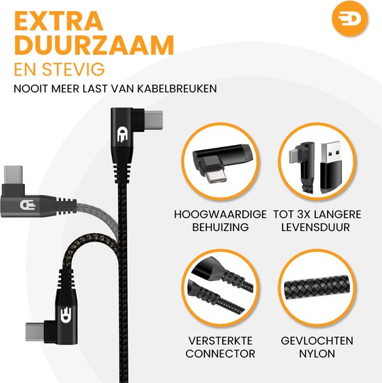 Drivv. Câble USB vers USB C - Crochet - Câble de données et de charge USB C - Charge rapide / Charge rapide - 3 mètres - Convient à Samsung, iPhone 15 et autres -Noir