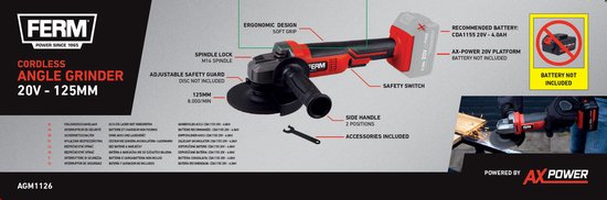FERM - AX-POWER - AGM1126 - Batterie - Meuleuse d'angle - 125 mm - 20Volt - 8000t/min - Softgrip - Poignée latérale à deux endroits - Capuchon de protection réglable - Interrupteur de sécurité - Sans batterie et sans chargeur - Convient à la plate-forme d