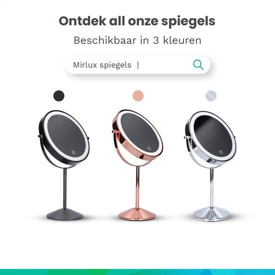 Mirlux Miroir de maquillage avec éclairage LED - lumière grossissante 10x - miroir de rasage petit sur pied - 3 niveaux d'éclairage - rechargeable - miroir grossissant chromé