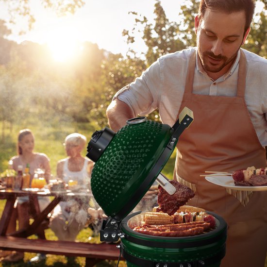 KitchenBrothers Kamado BBQ - 13 Inch Charcoal Barbecue - 27⌀ cm - sans PFAS - Deluxe Set - Egg BBQ with Accessories including Cover - Vert