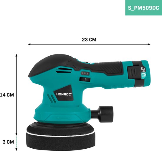 VONROC Polisseuse 12V - Ø 125mm - double action - 2-en-1 : polissage et ponçage - Batterie, câble usb-c, 4 disques de polissage et papier de verre inclus