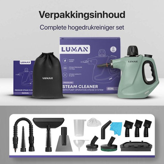 Nettoyeur vapeur portatif - Luman - 1050W - Réservoir 450 ml - Pression 0,26 à 0,32 MPa - Fonction vapeur continue - 16 accessoires - Vert