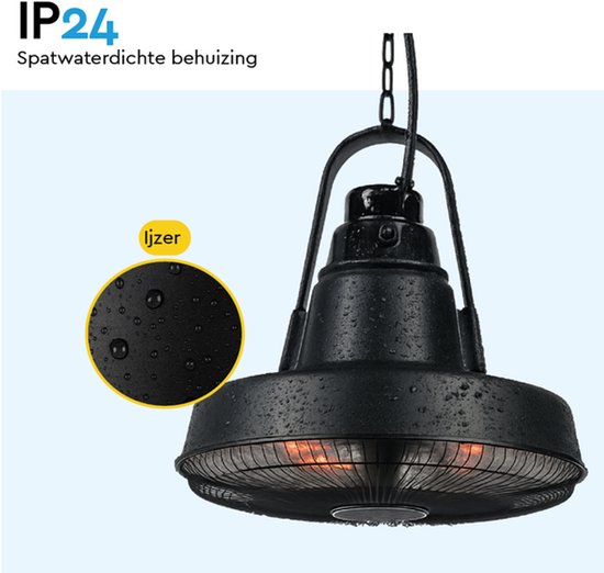BRASQ Retro Chauffe-terrasse électrique suspendu - 3 niveaux de chaleur - avec télécommande - IP24 - étanche - intérieur et extérieur - 2000 W