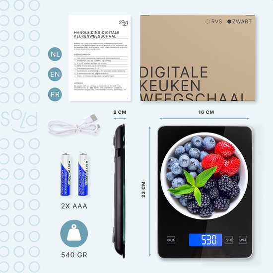 S.old Digital Kitchen Scales - Balance de cuisine - Rechargeable par USB - 1gr à 10kg - Fonction Tare - Noir