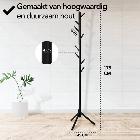 Brixy Porte-manteau - Porte-manteau sur pied - 8 crochets - 175 cm - Porte-manteau en bois - Porte-manteau - Noir