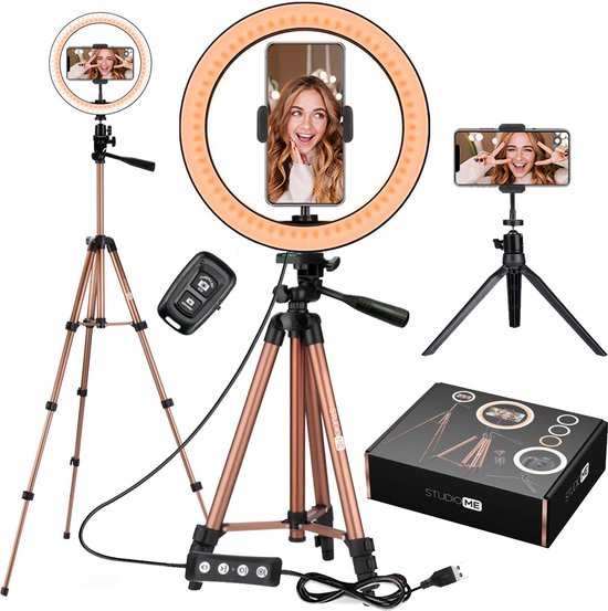 Studio ME Lampe annulaire avec trépied - 10 inch / 26 cm - Lampe annulaire - Rose Gold - Lampe Tiktok - Lampe annulaire avec trépied - 30 niveaux de lumière - Lampe annulaire - Télécommande et mini trépied inclus - Lampes annulaires