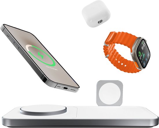 Favolt Site:3 Magsafe 3 in 1 Wireless Charger (MFi/QI) Magnetic Charging Station for iPhone Apple Watch AirPods Silver