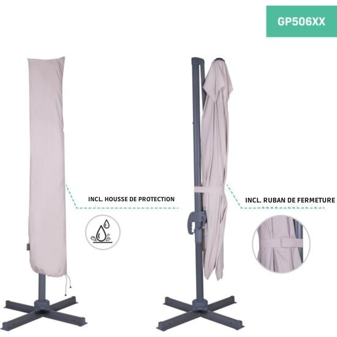 Parasol flottant VONROC Premium Pisogne 300x300cm - Base transversale et housse de protection incluses - carré - Rotation 360° - Inclinaison - Toile résistante aux UV - Beige