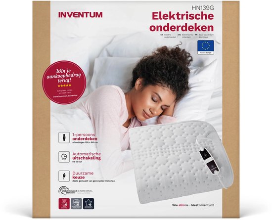 Sous-couverture électrique Inventum HN139G 150x80 cm - Simple - 4 niveaux de chaleur - Couverture chauffante - Lavable - Arrêt automatique - Protection contre la surchauffe - Polaire - Blanc