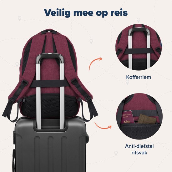 TRVLMORE Sac à dos à vie - Sac à dos avec compartiment pour ordinateur portable 17 pouces - Cartable - Résistant aux éclaboussures - Hommes et femmes - Garçons et filles - 36L - Bourgogne