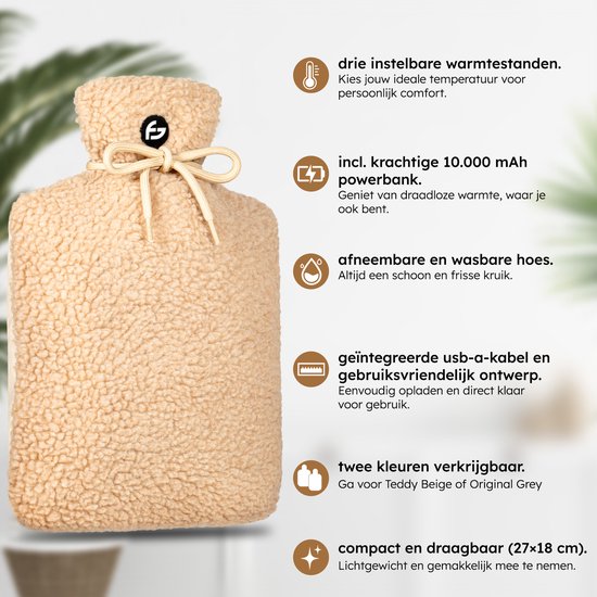 Bouillotte électrique - 3 étapes - Bouillotte - 10 000 mAh Powerbank - Manchette lavable - Bouillotte rechargeable - Teddy Beige - Saaf Comfort