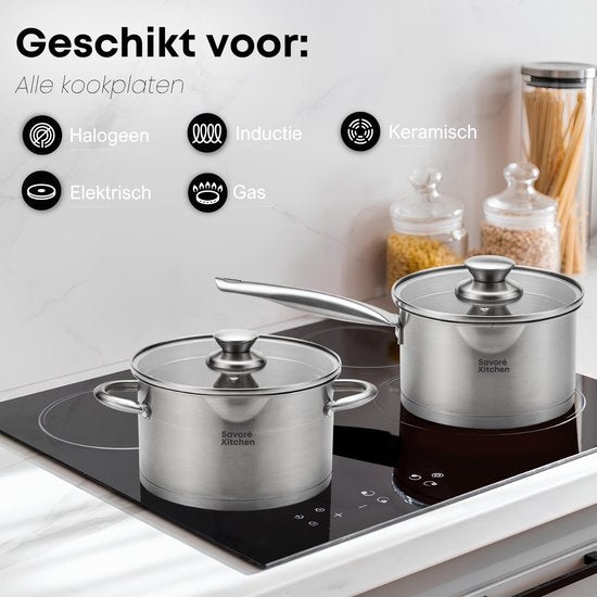 Savoré Kitchen 8-piece stainless steel pan set - Cooking Pans with Glass Lid - Induction Pans - Drain rim, Graduation and Versing Spout