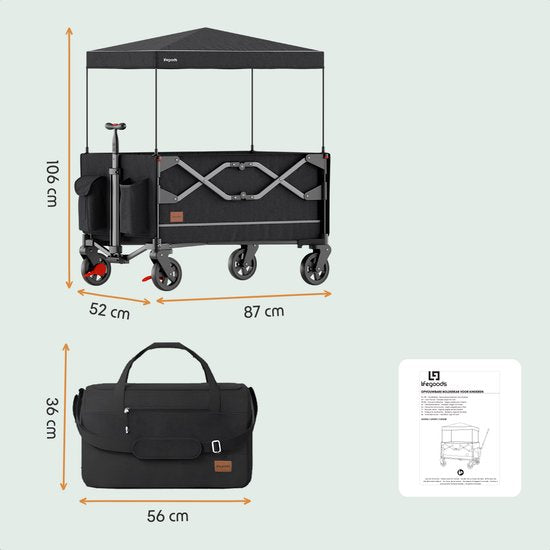 LifeGoods Wagon - Pliable - Transport d'enfants - Avec toit - Capacité de charge 80KG - Chariot de plage - Roues pivotantes - Anthracite