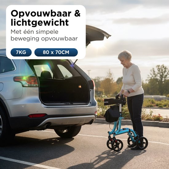 Déambulateur Medzone léger et pliable - fonction assise - intérieur et extérieur - dossier et support de canne - bleu