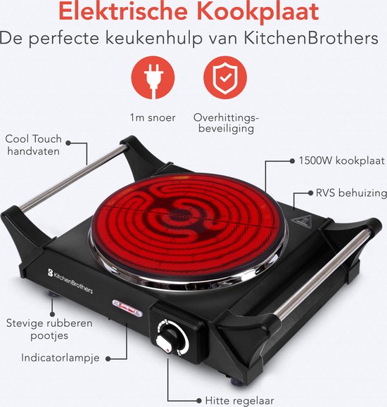 KitchenBrothers Table de cuisson électrique - 1 brûleur - 1500W - Noir