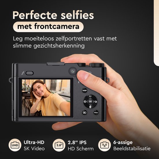 K&L Appareil photo numérique 5K - 64MP - Zoom optique 6X - Appareil photo - Caméra compacte - Caméra Vlog - Idéal pour les débutants - 64GB inclus - NL Software
